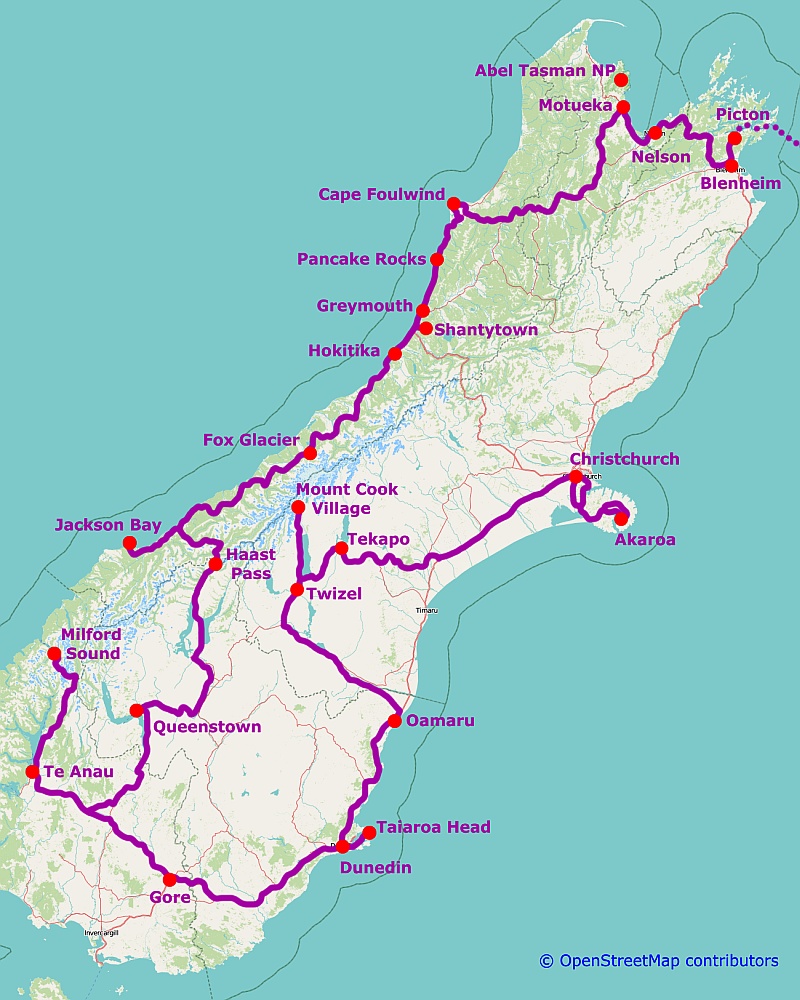 Reiseroute Südinsel